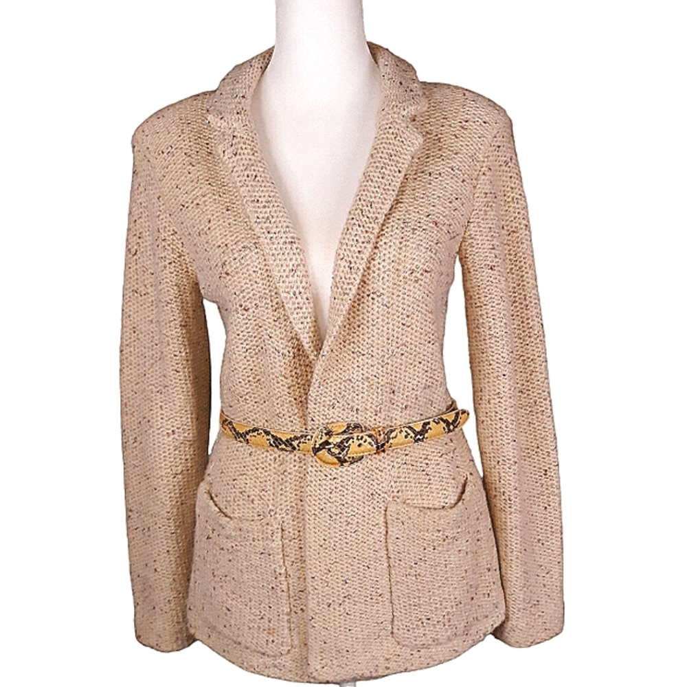 Vintage 70s Neutrals Knit Tweed Blazer Style Sweater M